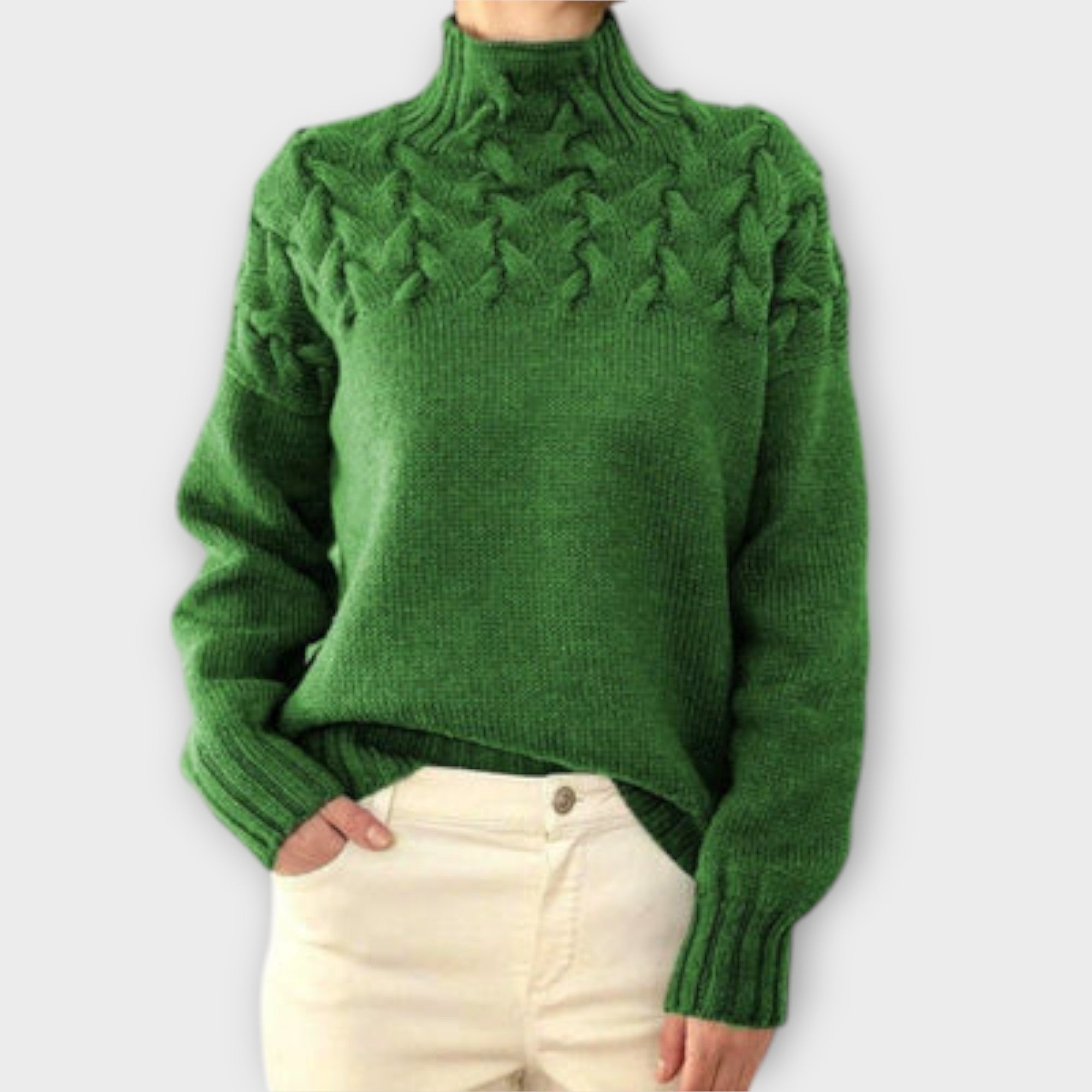 Sweter damski z ozdobnym splotem kablowym