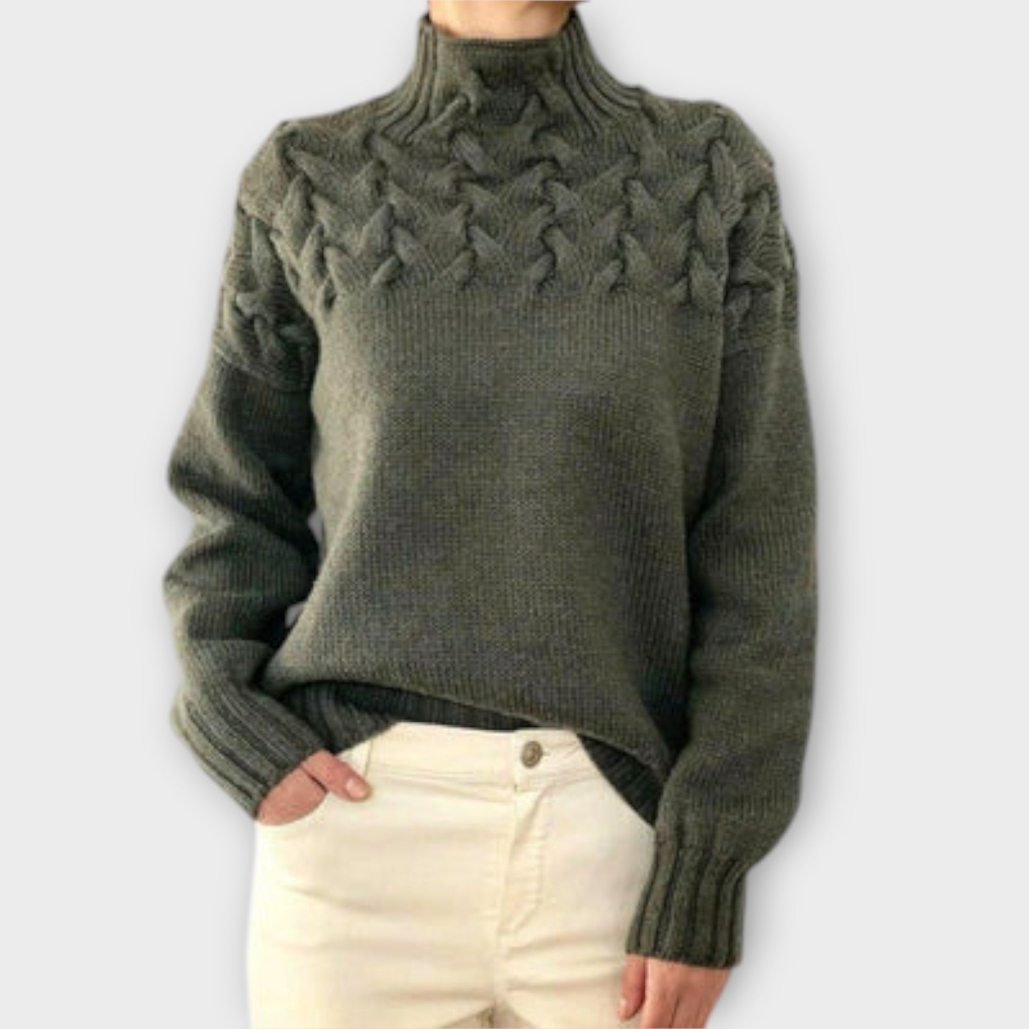 Sweter damski z ozdobnym splotem kablowym