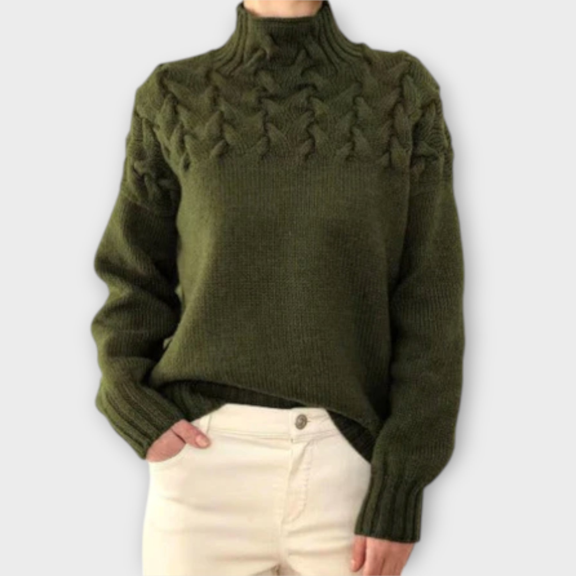 Sweter damski z ozdobnym splotem kablowym